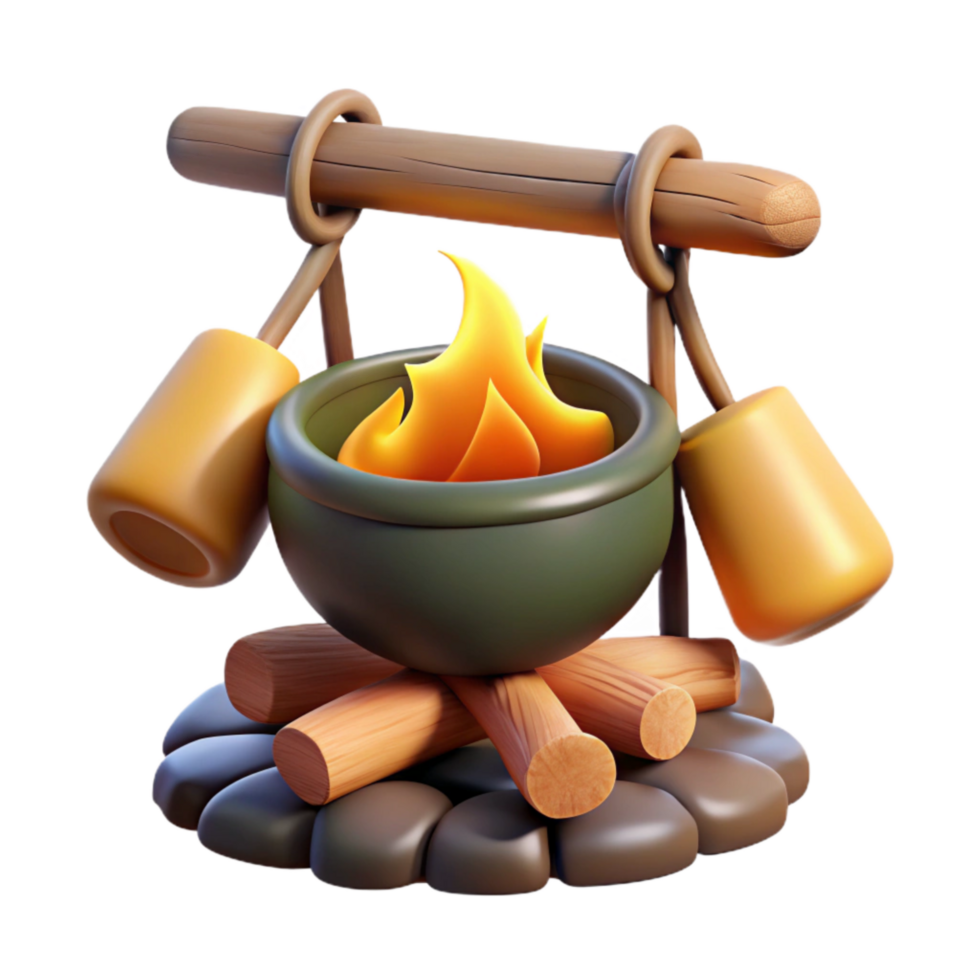 dramatic minimalist Campfire with Cooking Utensils Hanging Over Flames Cutout original png