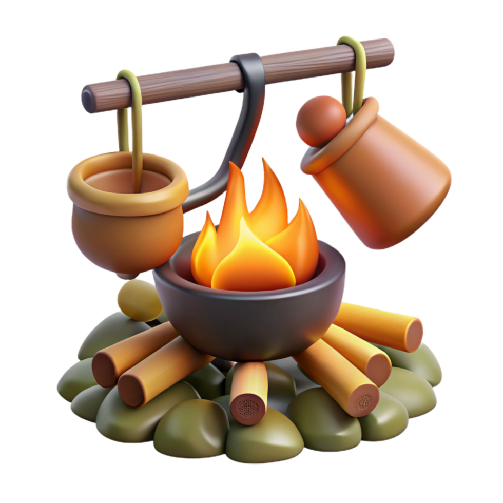 serene traditional Campfire with Cooking Utensils Hanging Over Flames Cutout professional png