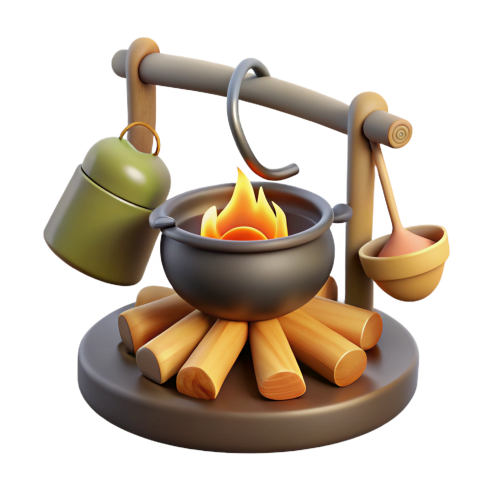 vibrant contemporary Campfire with Cooking Utensils Hanging Over Flames Cutout png