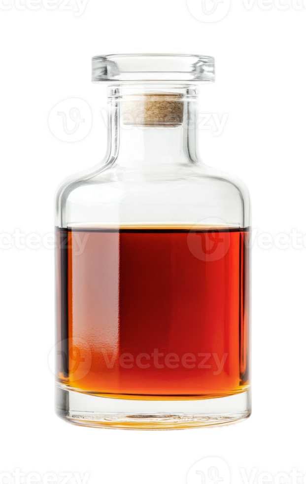 Clear glass bottle with pour spout filled with amber liquid, cut out png