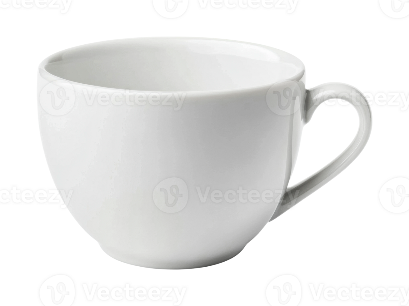 Plain white ceramic cup with handle on transparent background, cut out png