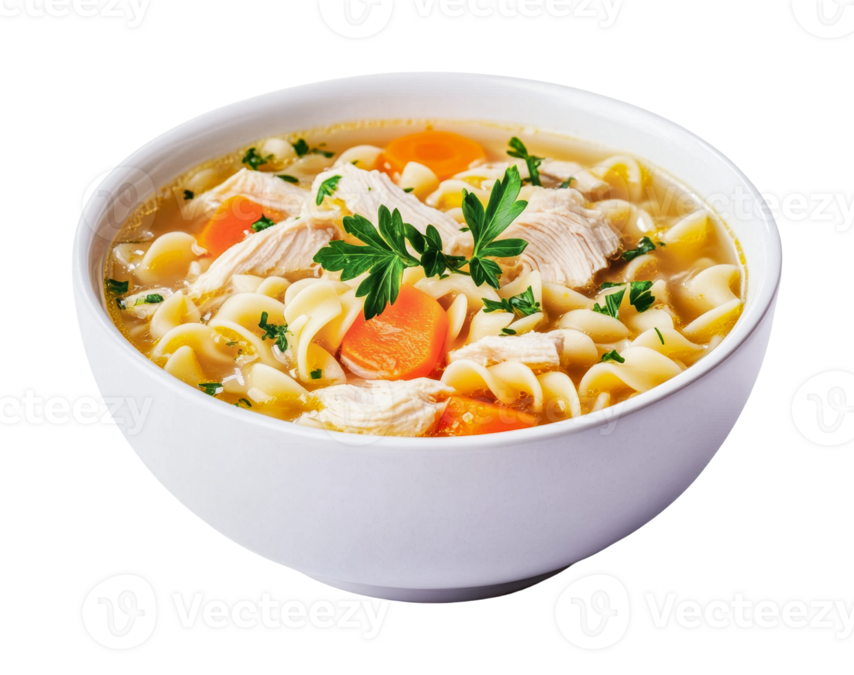 Warm chicken noodle soup with carrots and parsley in white bowl, cut out png