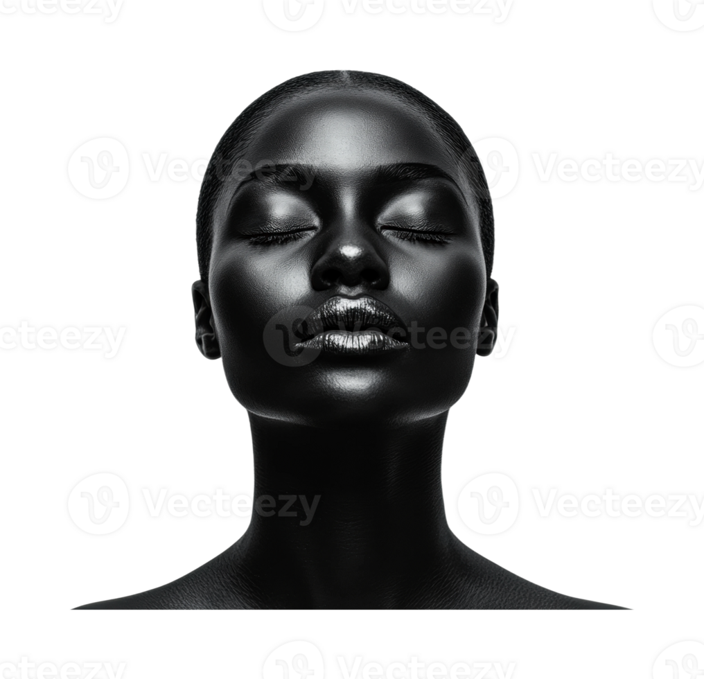 Elegant and powerful expression of a woman with eyes closed, cut out png