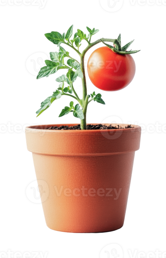 Vibrant tomato plant in terracotta pot with lush green leaves and ripe fruit, cut out png