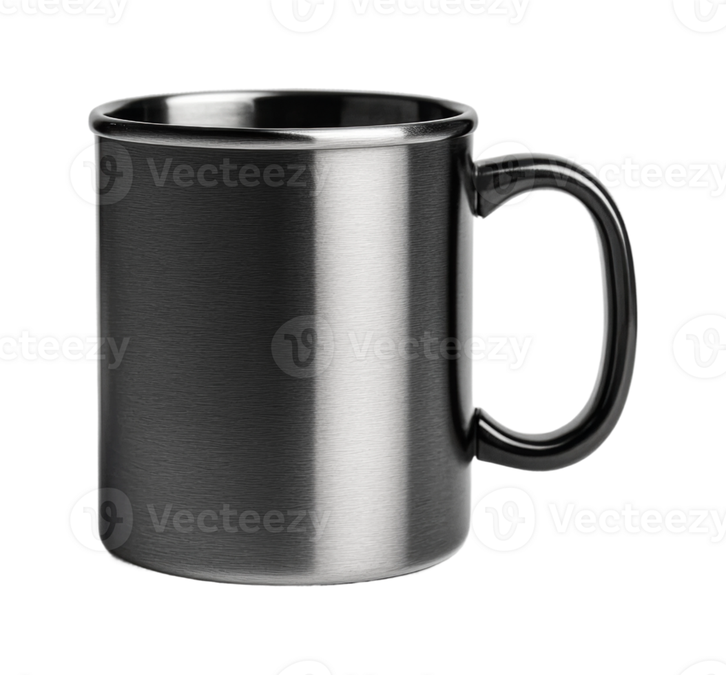 Stainless steel mug with handle for beverage display, cut out png