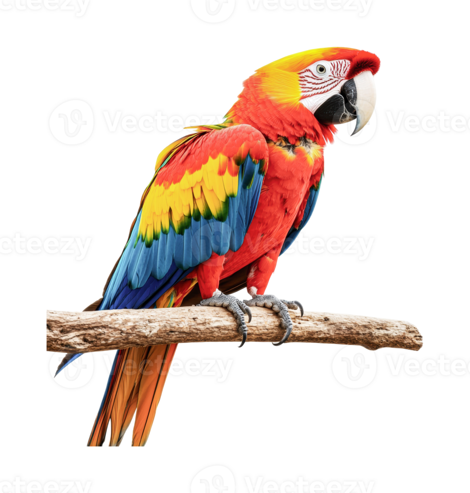 Vibrant scarlet macaw with colorful feathers perched on branch, cut out png