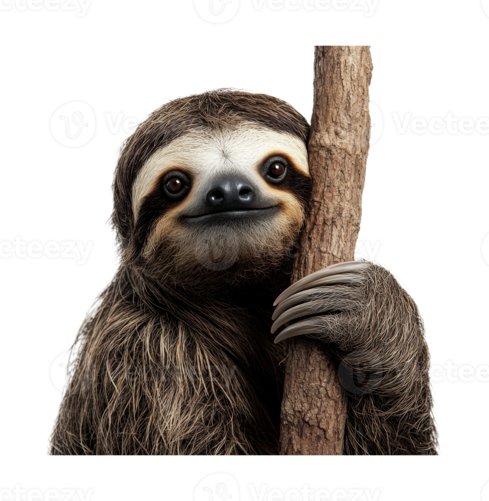 Cute brown sloth hugging a wooden branch against black background, cut out png