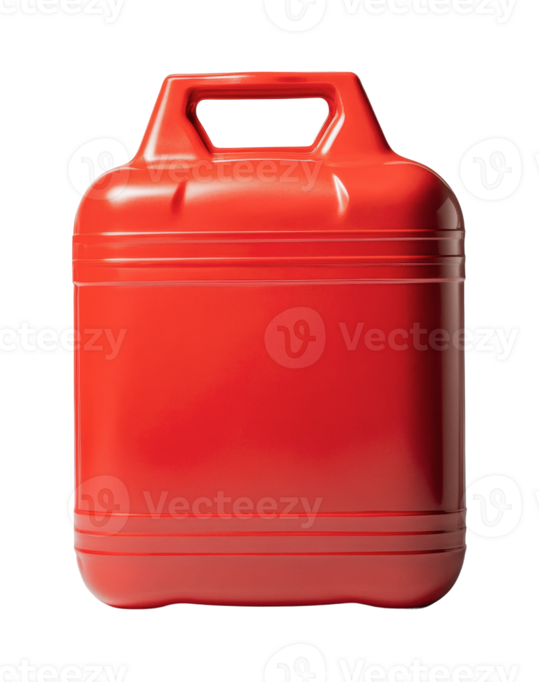 Bright red plastic portable fuel container with handle for gasoline storage, cut out png