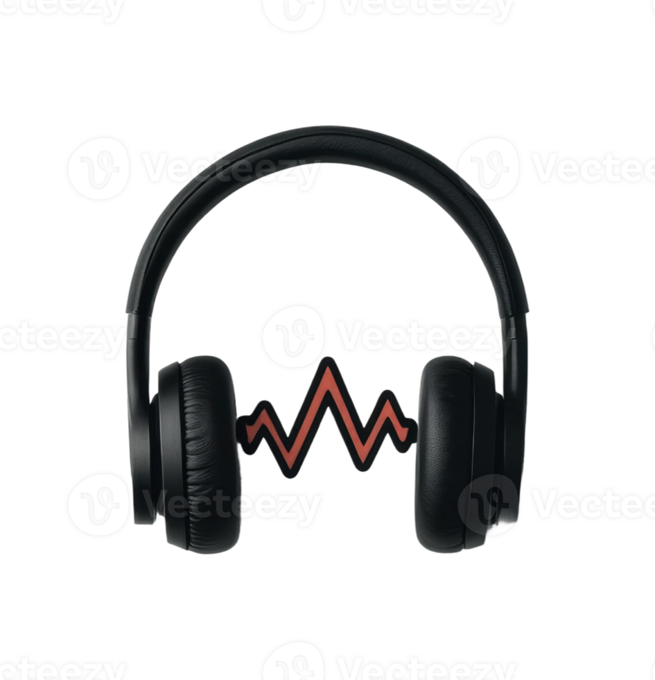 Black headphones with red sound wave icon on dark background, cut out png