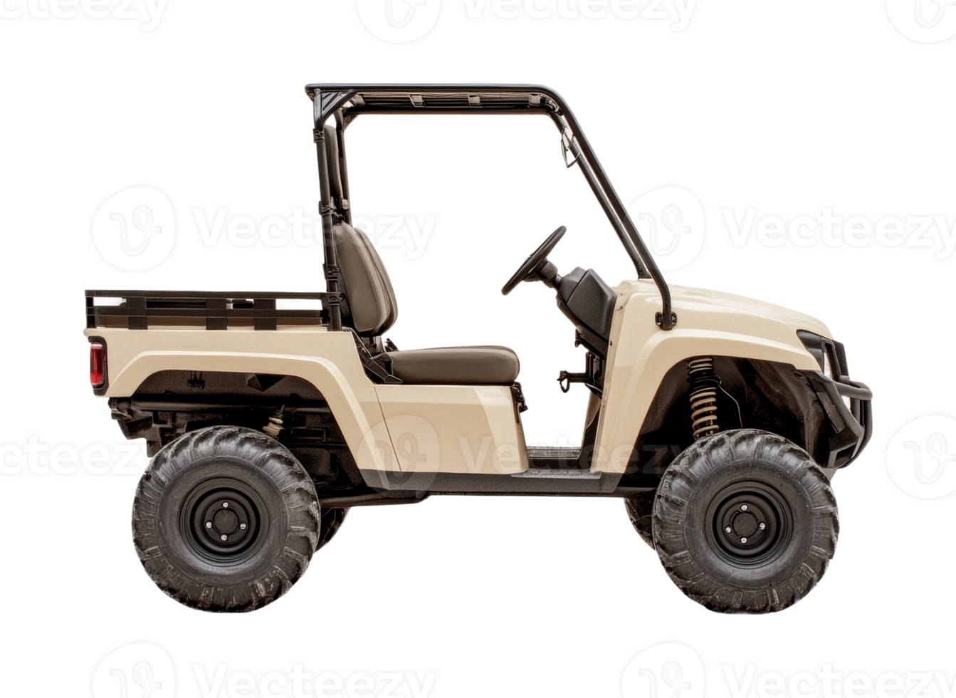 Beige off-road utility vehicle side view with oversized tires, cut out png