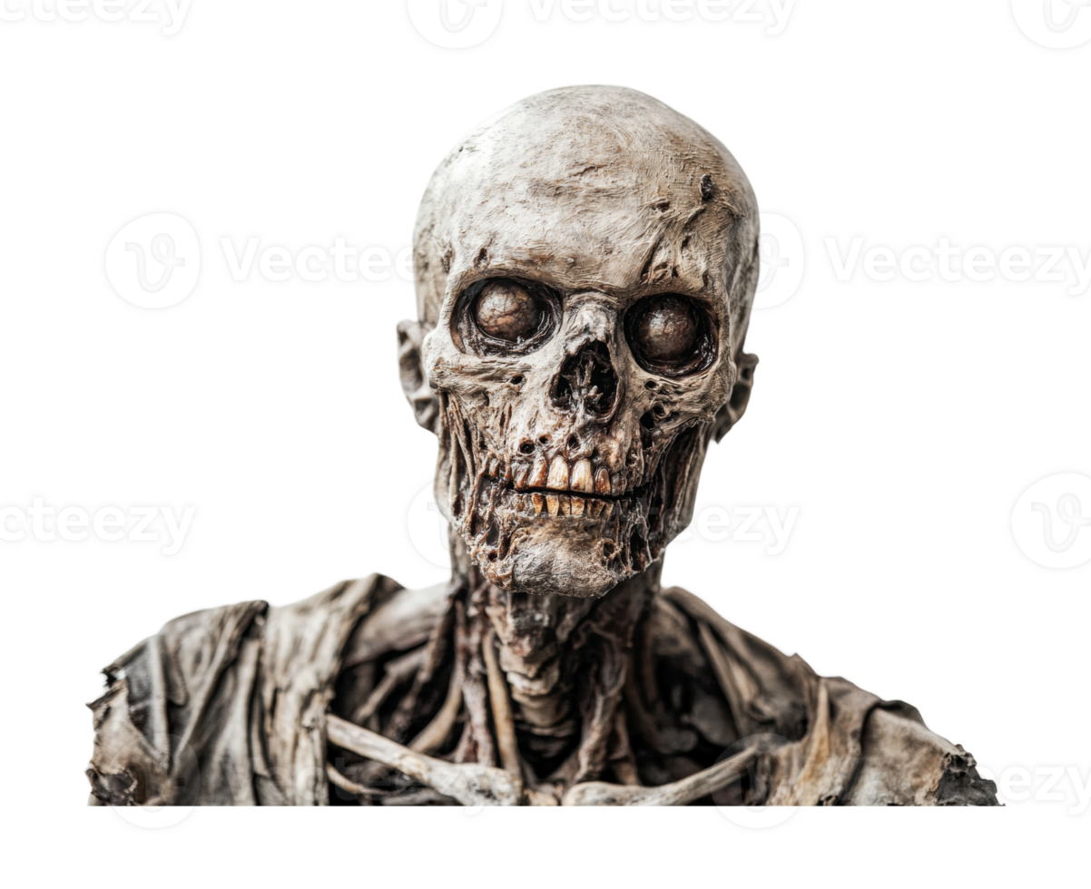 Creepy realistic skeleton head with detailed features and decayed appearance, cut out png
