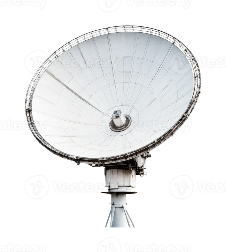 Large white satellite dish antenna against black background, cut out png