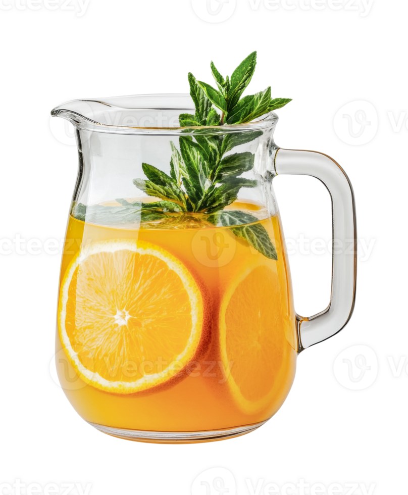 Refreshing citrus beverage in glass pitcher with mint garnish, cut out png