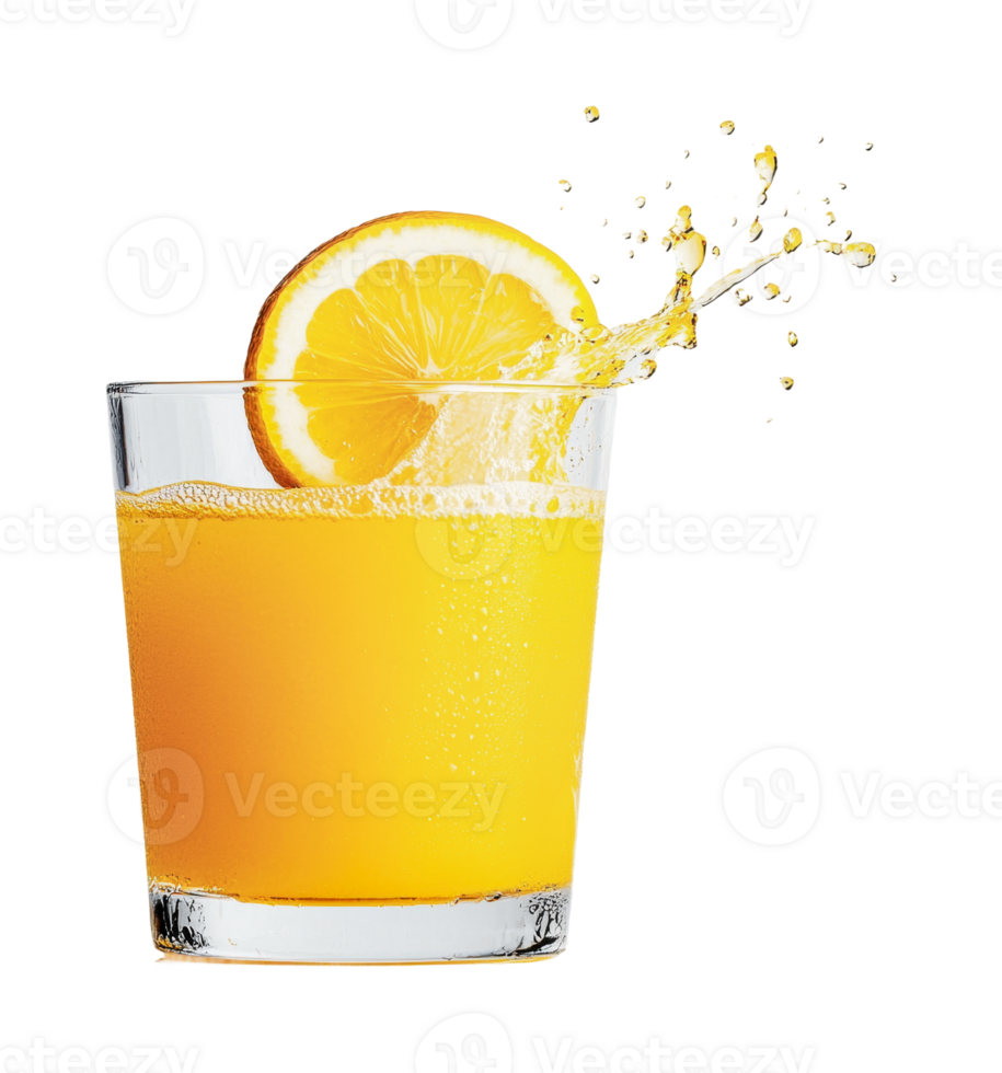 Refreshing splash of orange juice with lemon slice on clear glass, cut out png