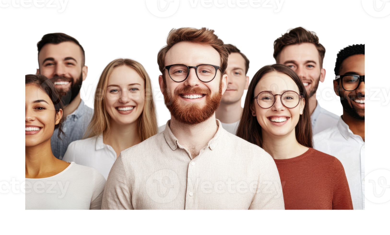 Diverse group of young adults smiling and standing together, cut out png