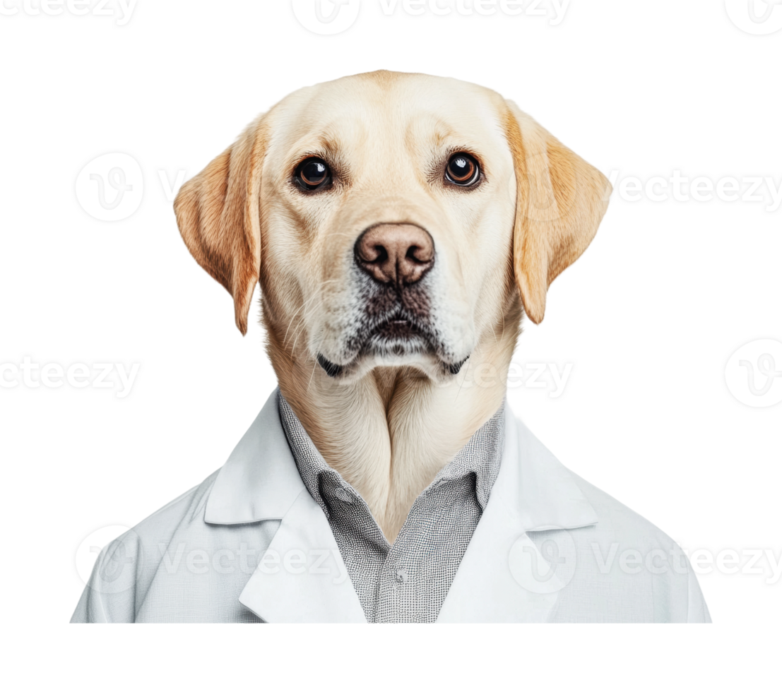 Labrador retriever in doctor's coat looking serious against black background, cut out png