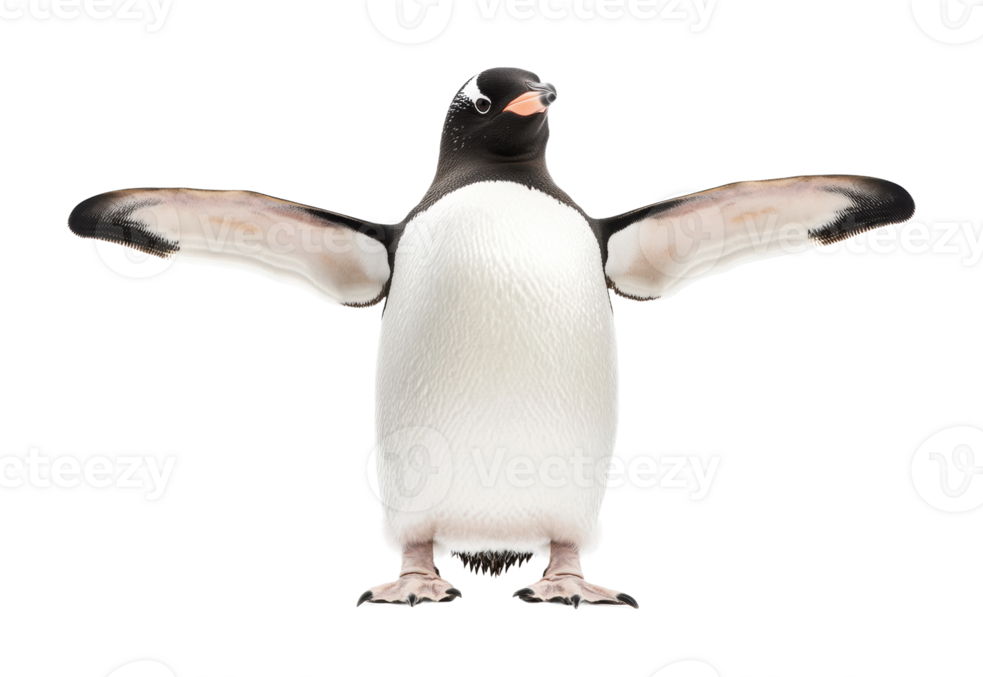 Gentoo penguin with outstretched wings against white background, cut out png