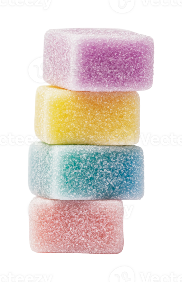 Colorful stacked sugary candy cubes with granulated sugar coating, cut out png