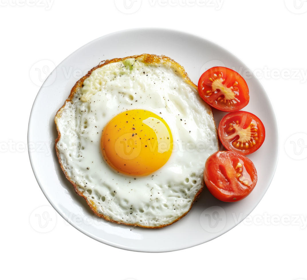 Fried egg with cherry tomatoes on white plate, cut out png