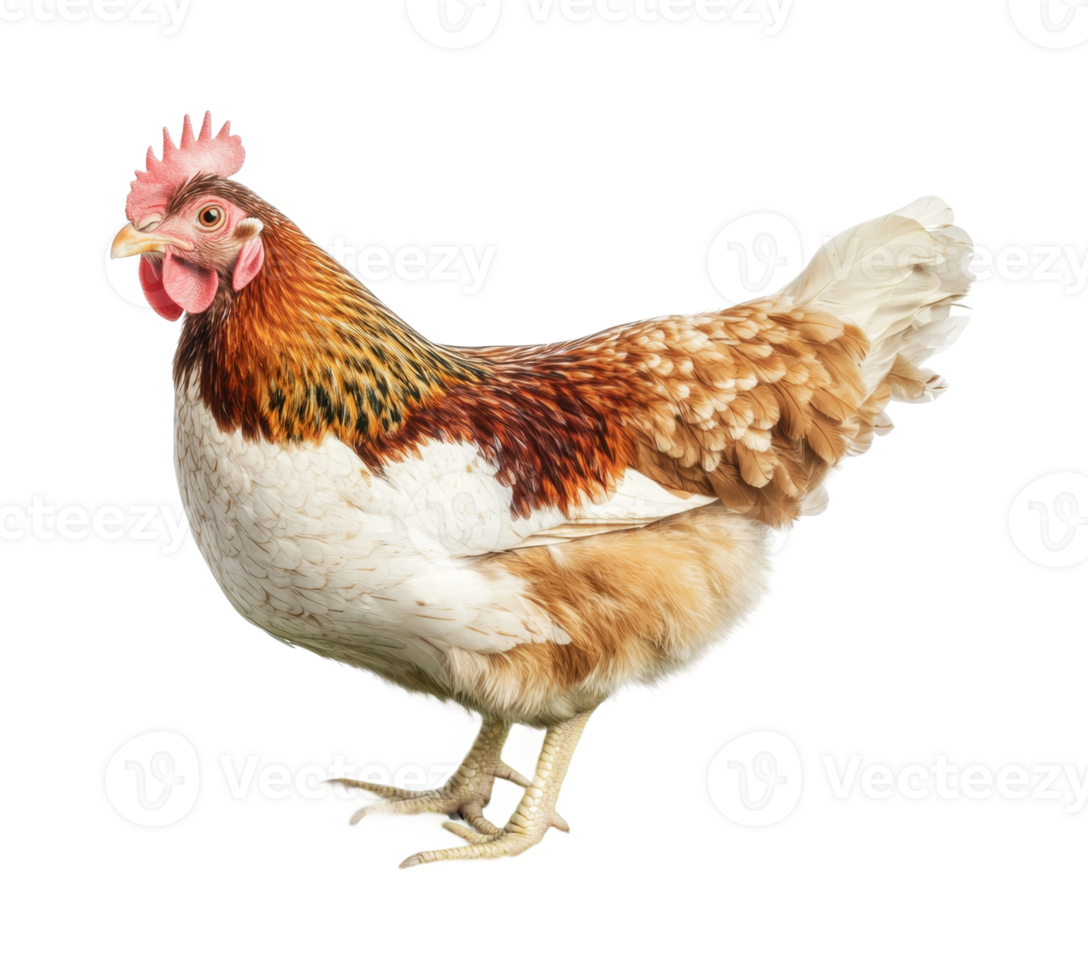 Vibrant hen with golden and white feathers on display, cut out png