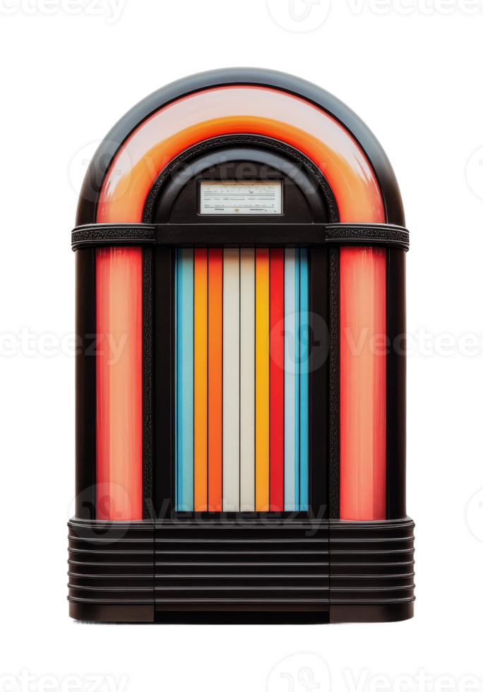 Retro multicolored jukebox with vibrant stripes and vintage design, cut out png
