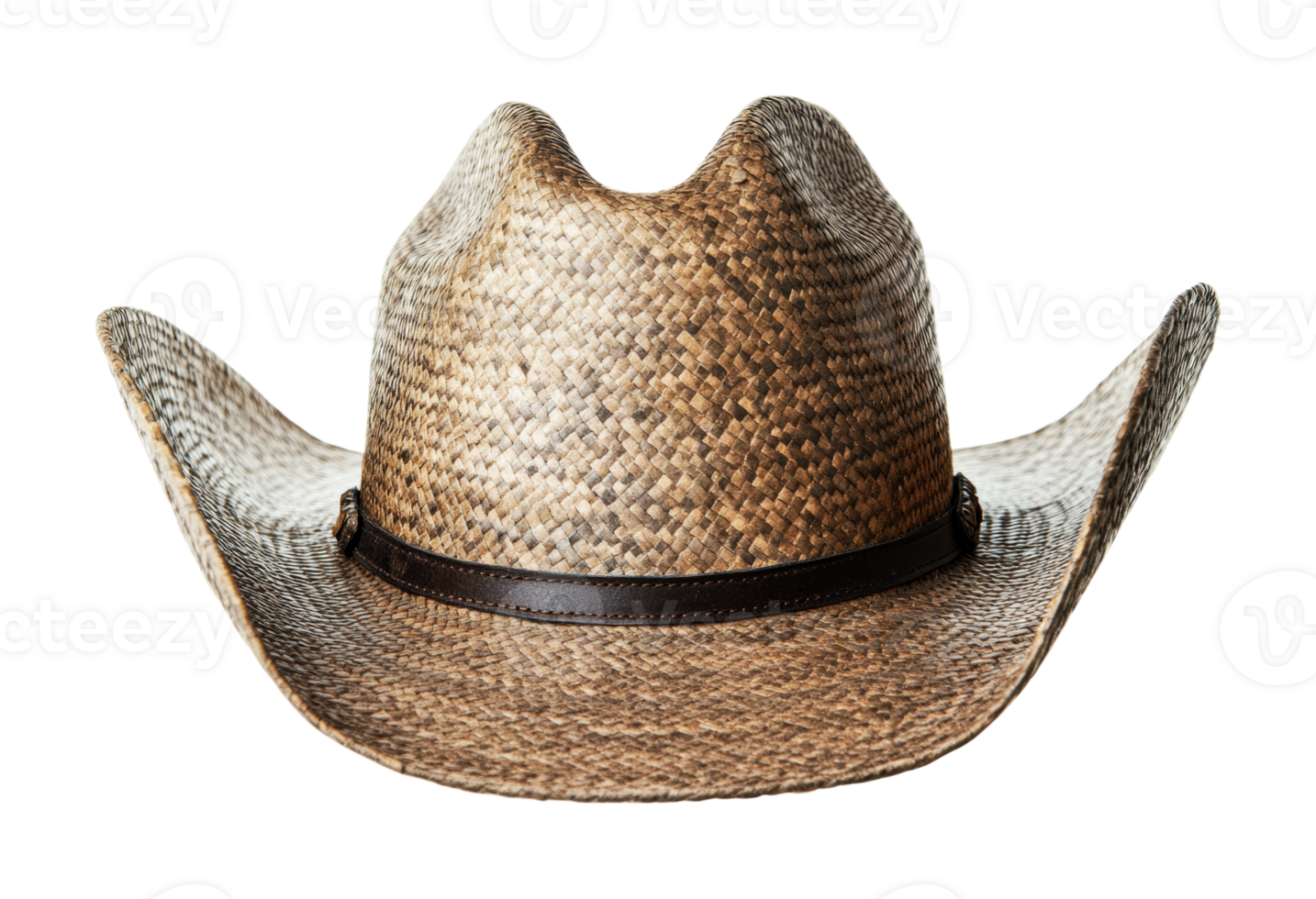 Straw cowboy hat with brown leather band, cut out png