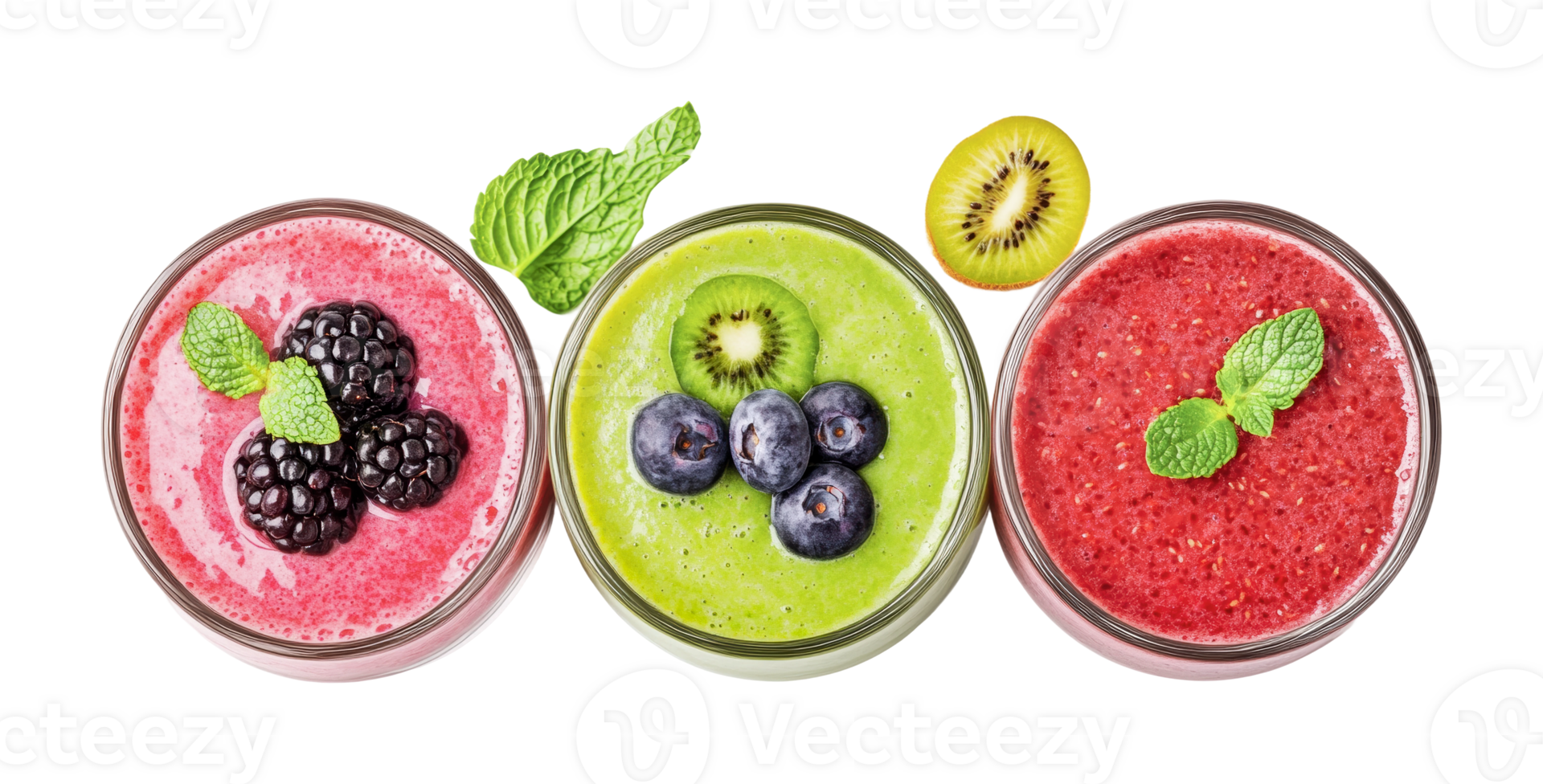 Colorful fruit smoothies with berries and kiwi, cut out png