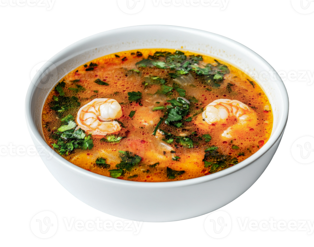 Spicy thai tom yum soup with shrimp and herbs in white bowl, cut out png