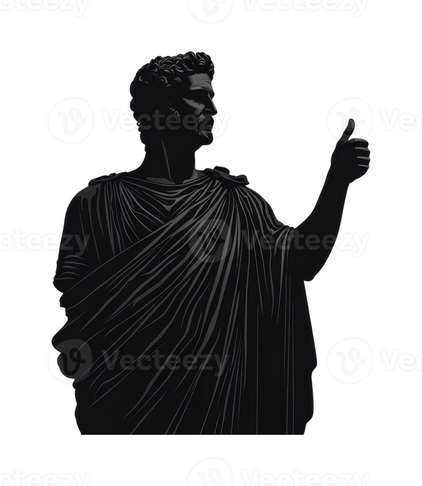 Ancient roman statue with upraised thumb in togated robe, cut out png