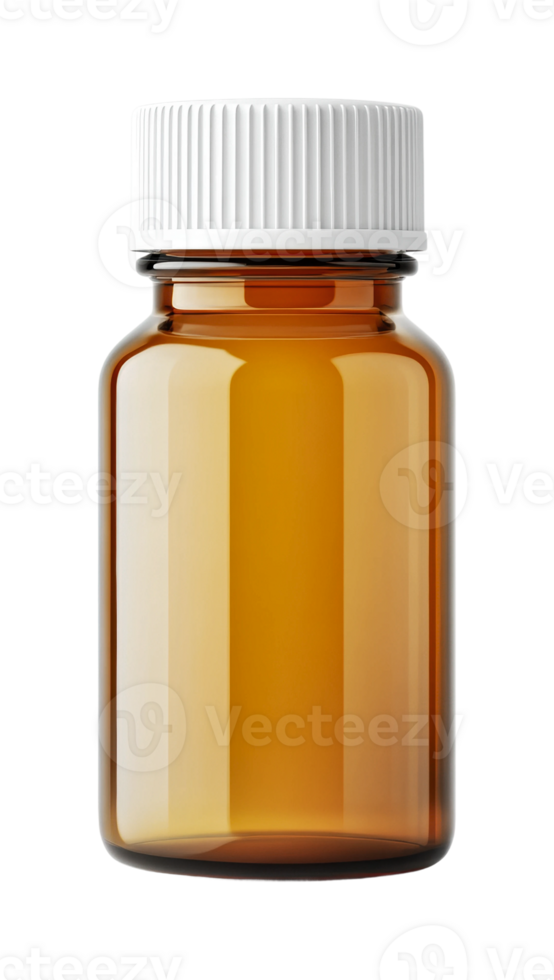 Empty amber glass medicine bottle with white cap isolated, cut out png