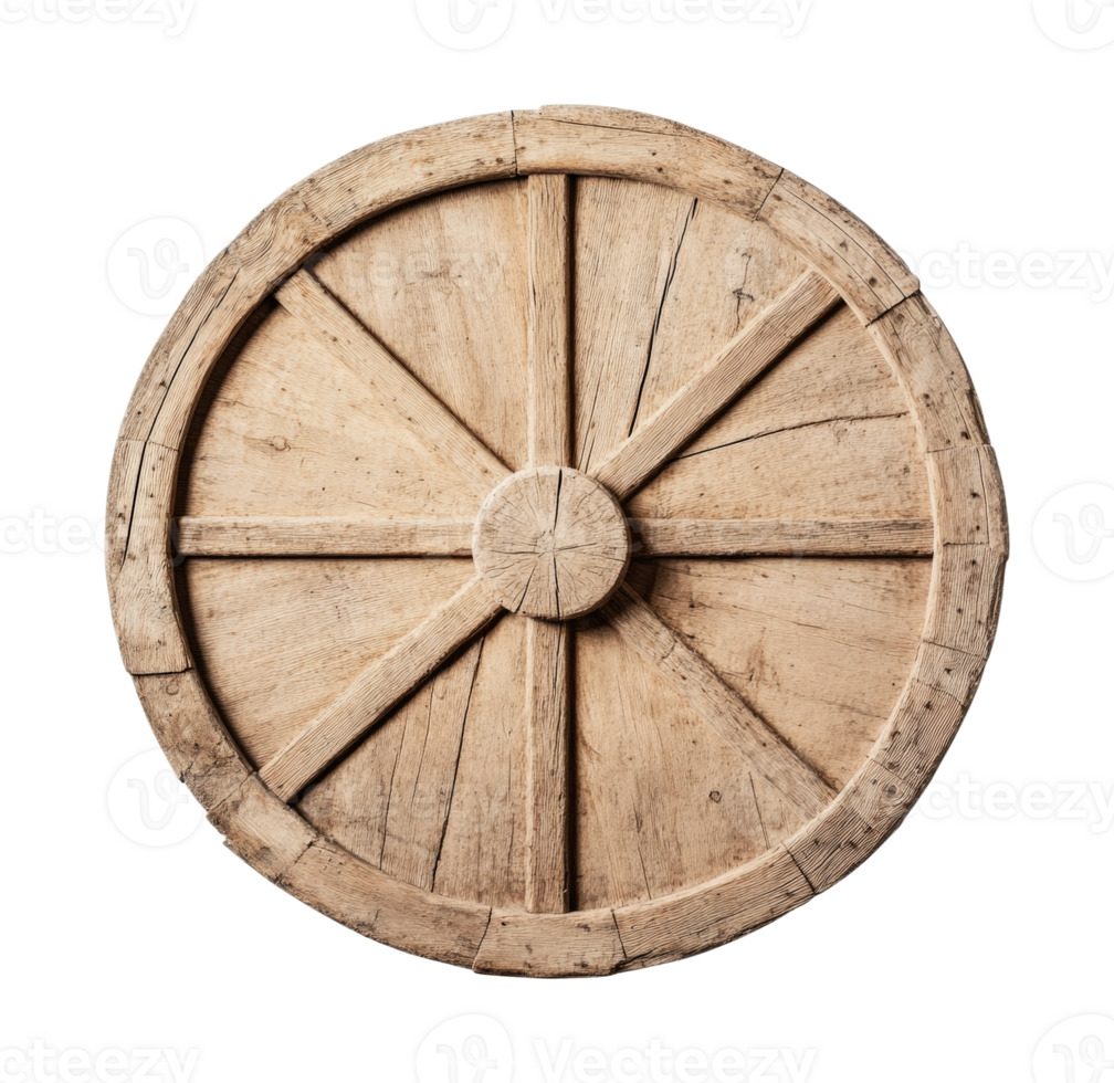 Rustic wooden wagon wheel with eight spokes, cut out png