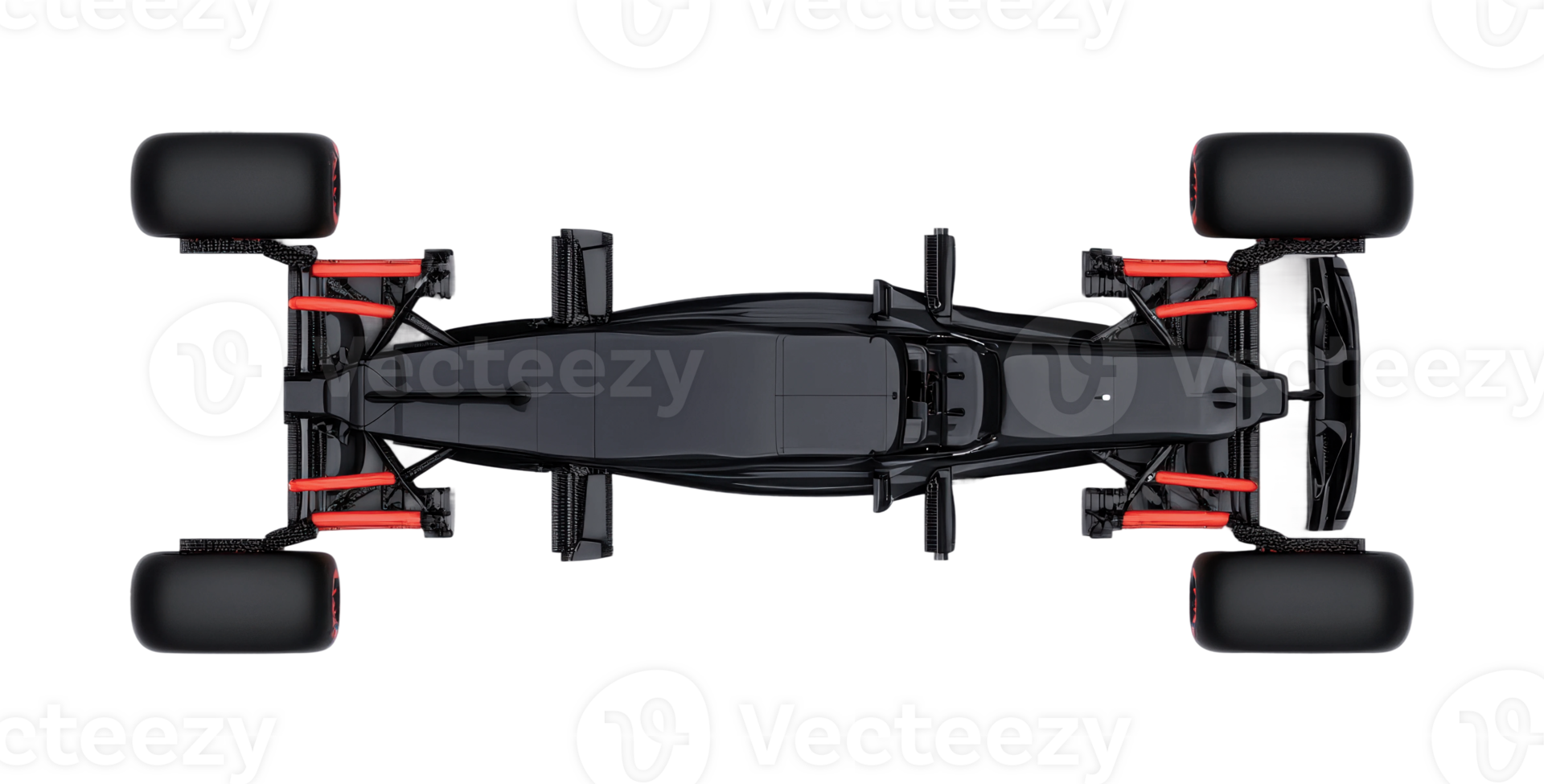 Top view of high-performance black formula racing car with red accents, cut out png