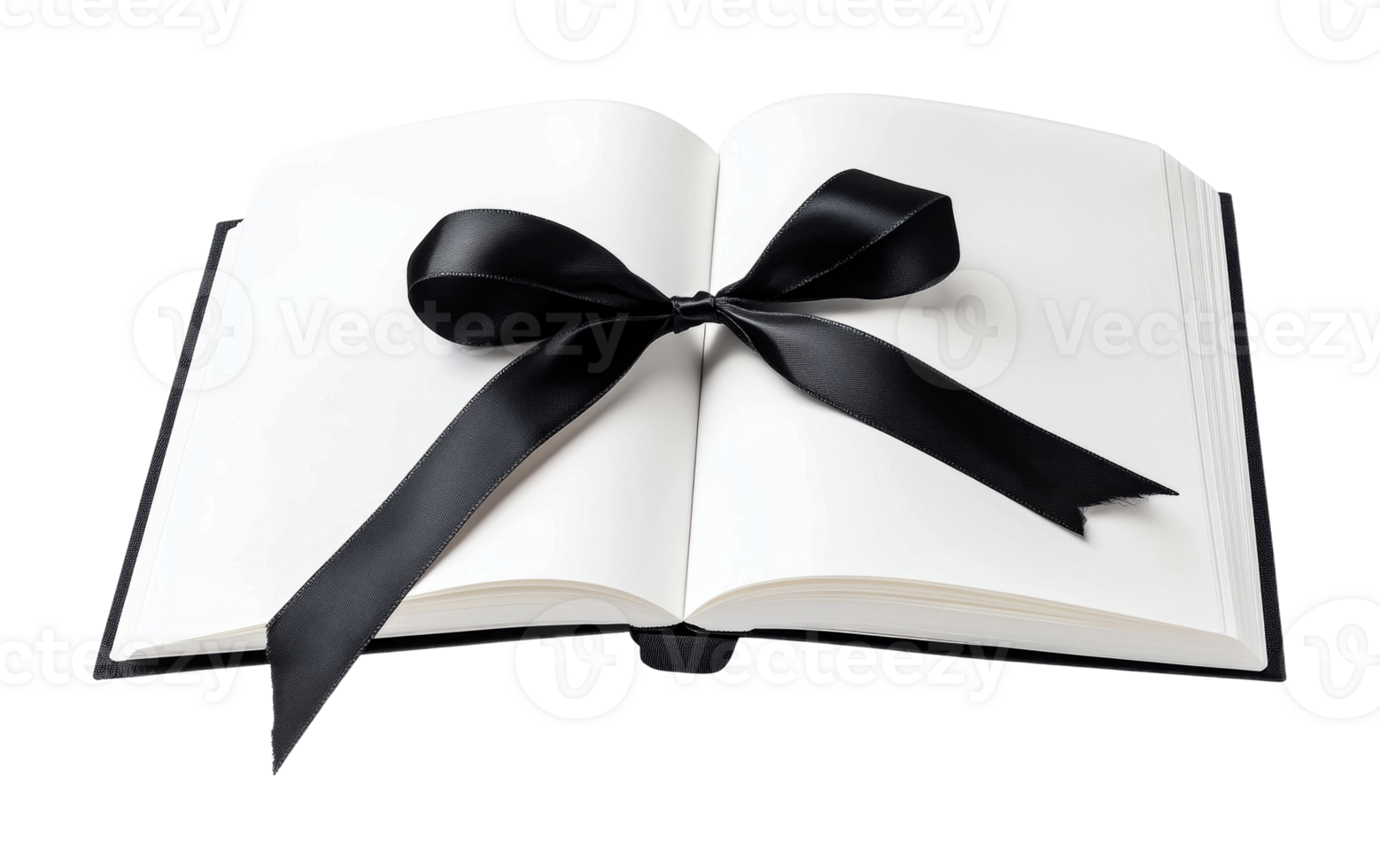 Open book with black ribbon bow on white pages, cut out png