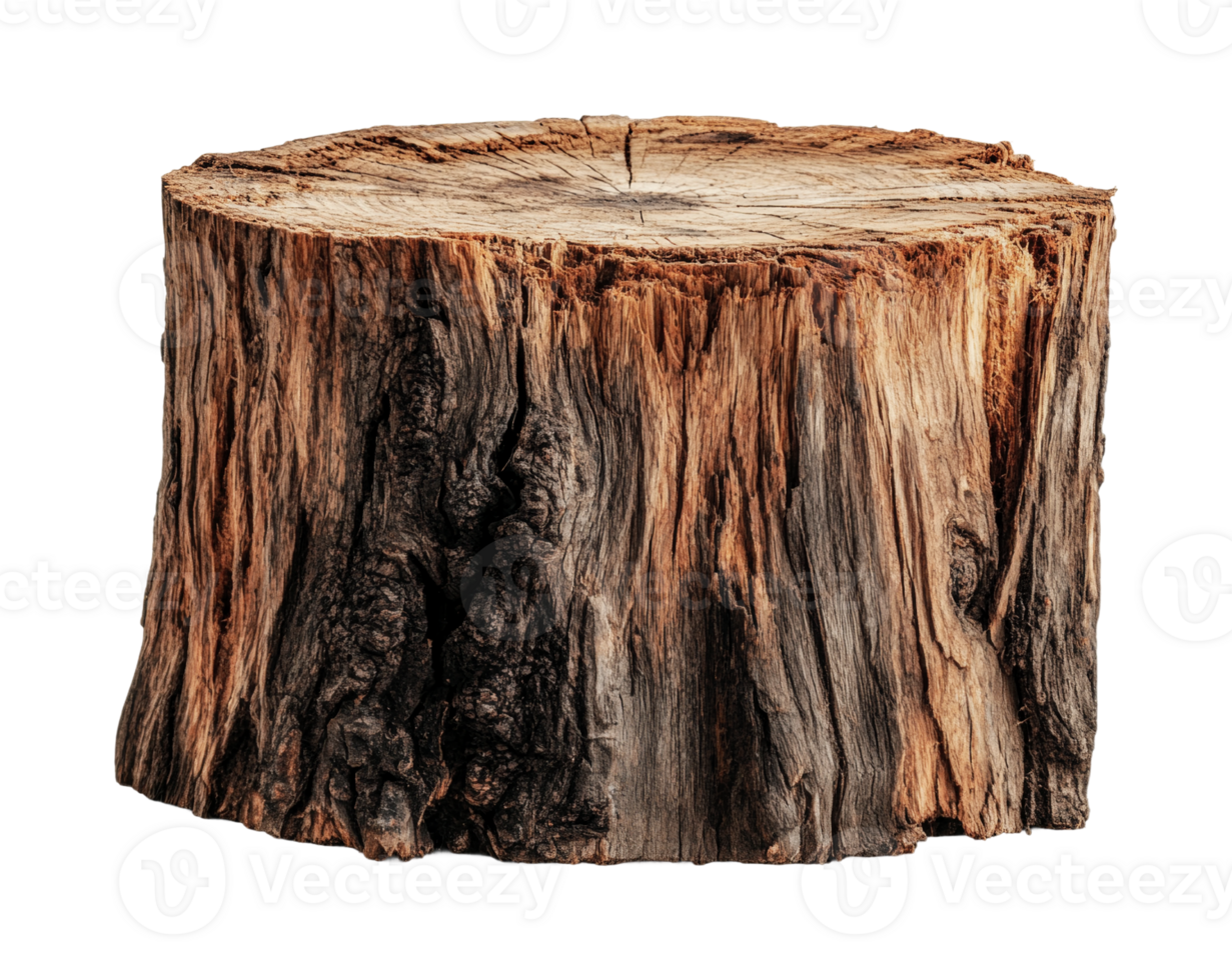Textured tree stump with natural bark patterns and detailed wood grain, cut out png