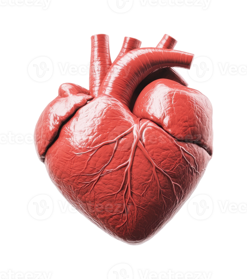 Detailed anatomical model of a human heart showing vessels and valves, cut out png