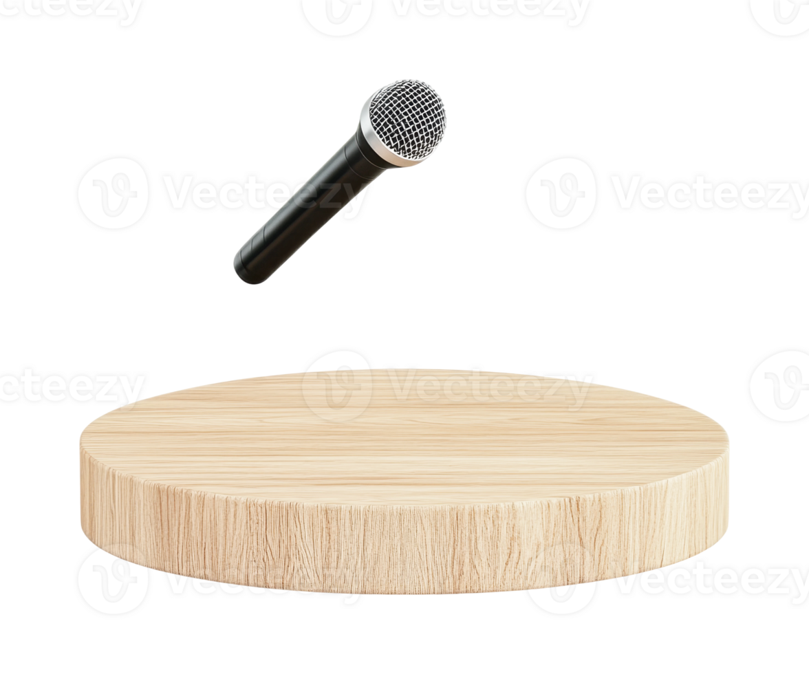 Microphone hovering above wooden circular platform, cut out png