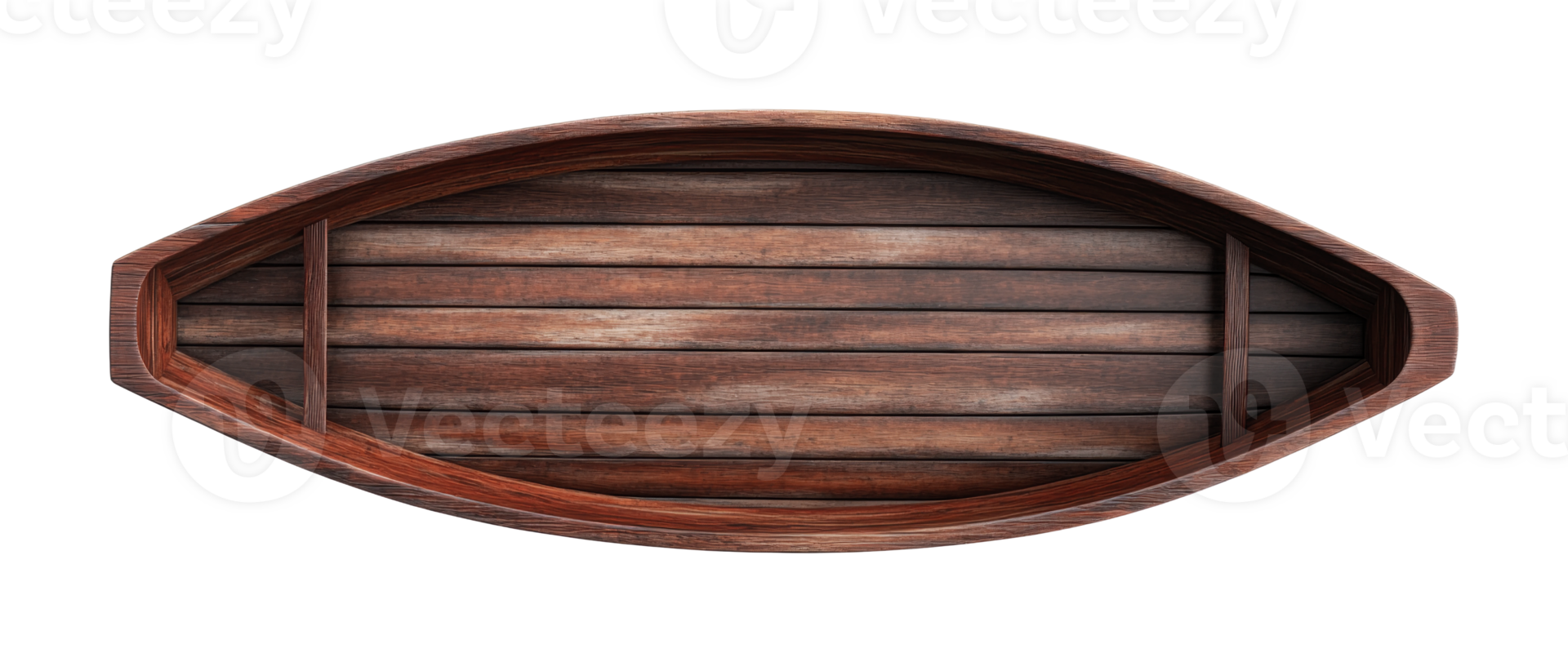 Wooden oval tray with rustic finish and plank design - top view, cut out png