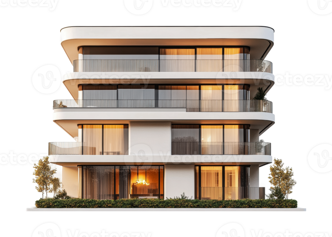 Modern multi-level residential building with curved balconies and glass facade, cut out png