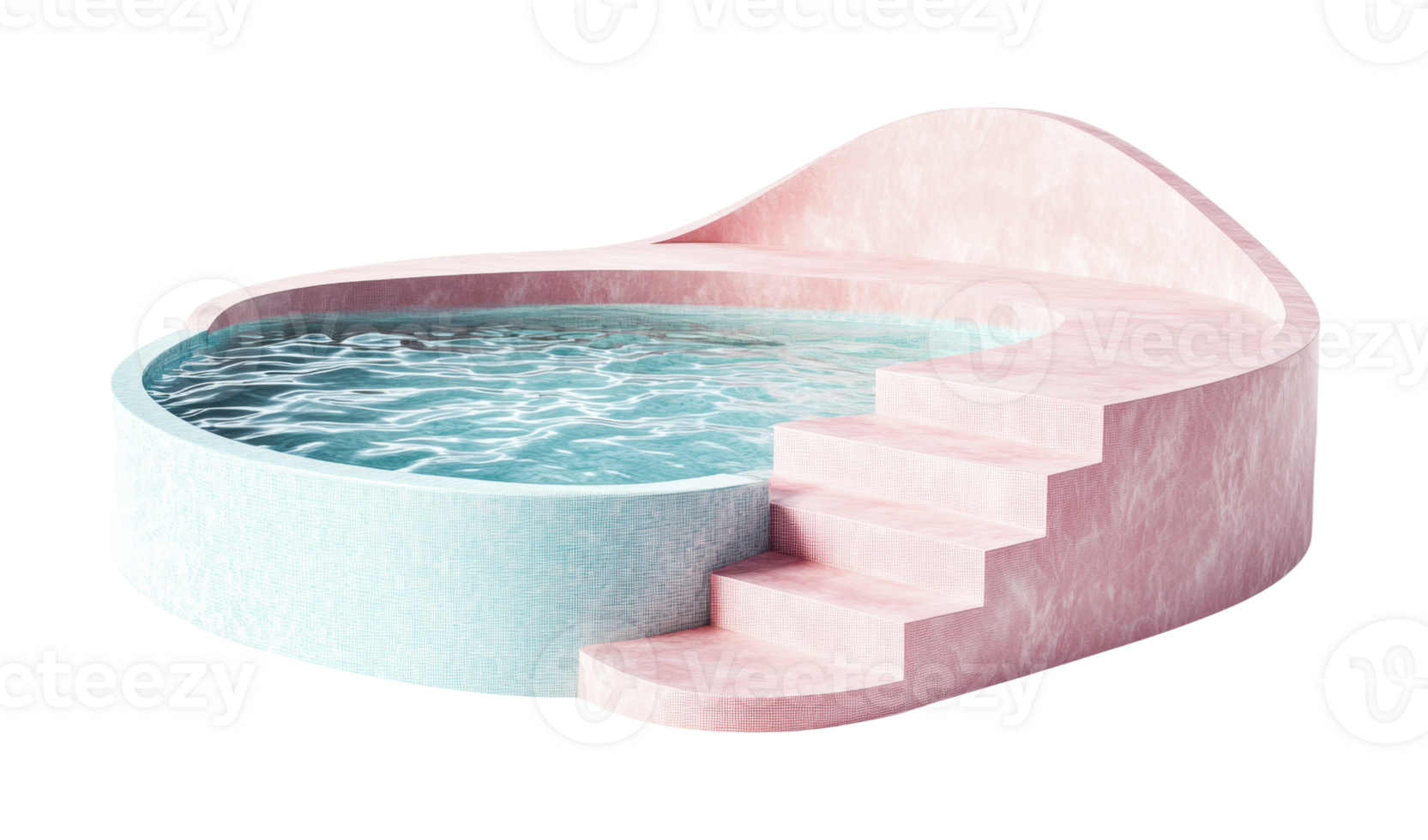 Modern abstract pink and blue pool design with curved staircase, cut out png