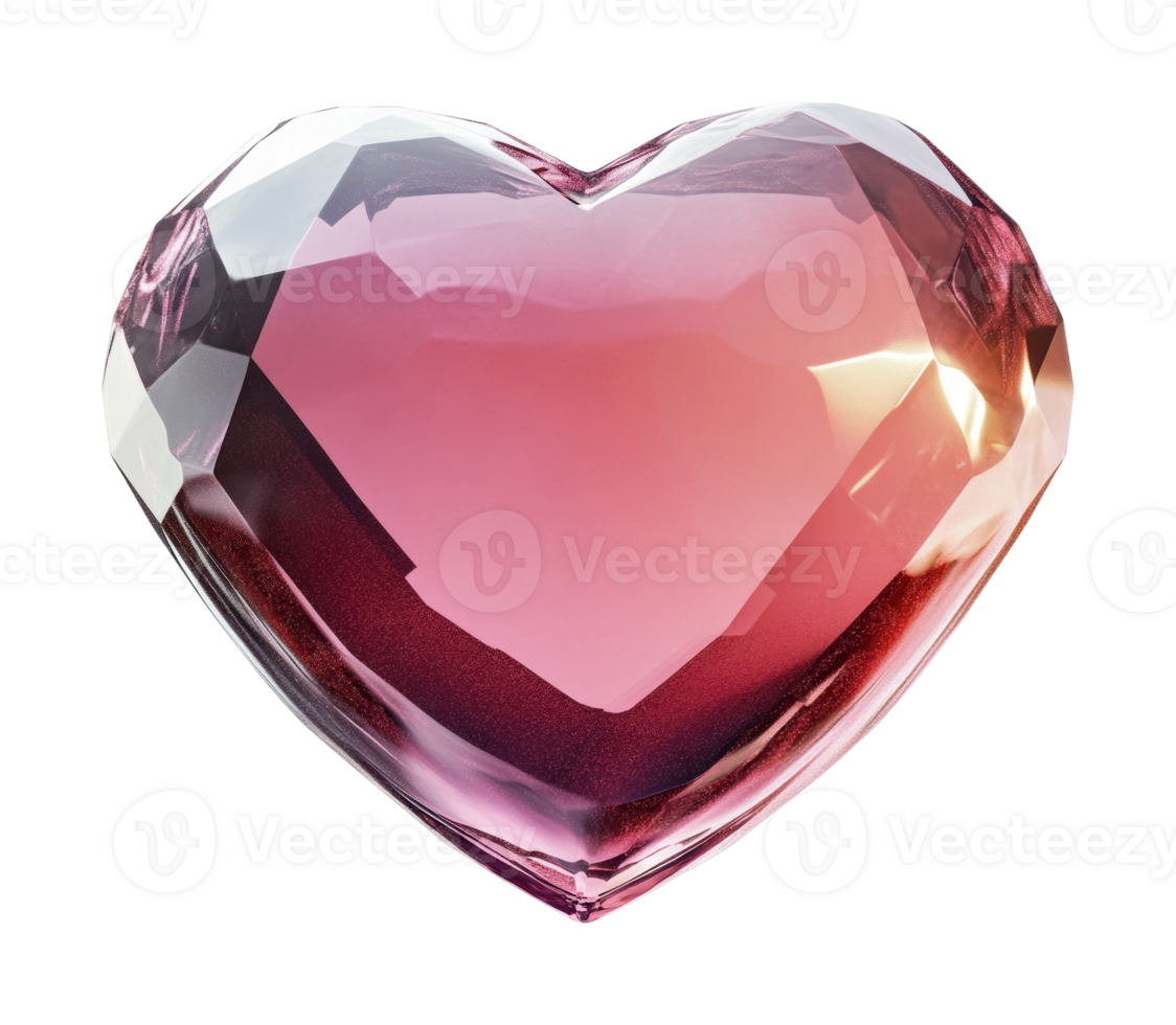 Pink crystal heart gemstone with faceted design and reflective surface, cut out png