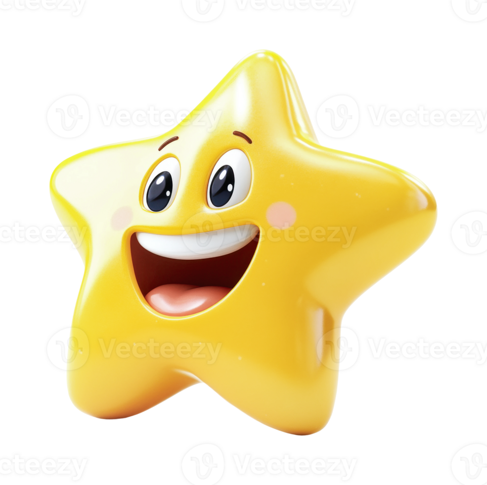 Cute smiling cartoon star with big eyes and expressive face, cut out png