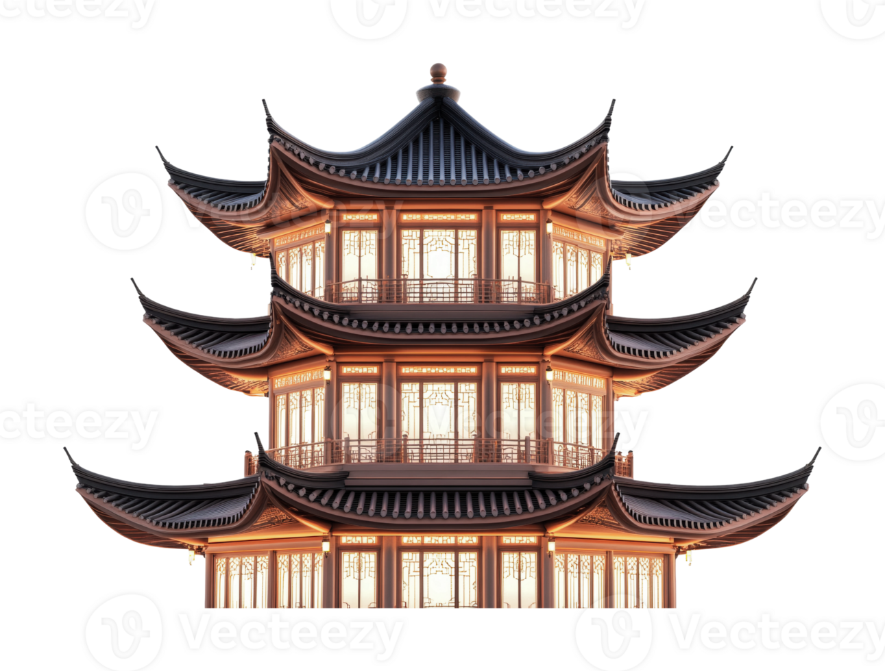 Traditional asian multi-tiered pagoda with illuminated windows at night, cut out png