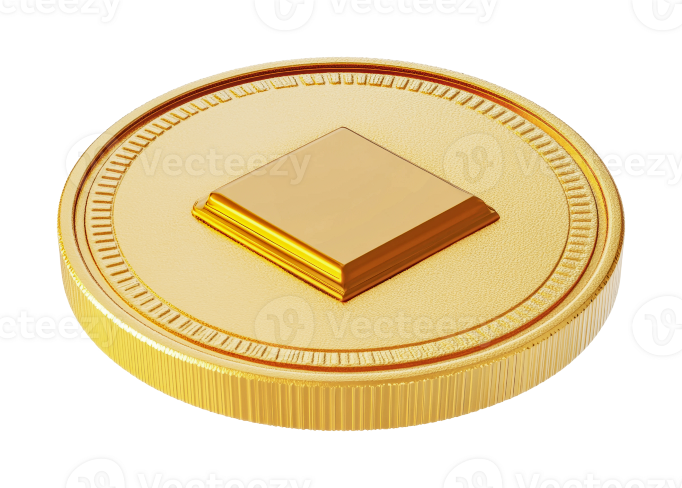 Golden chocolate coin with textured surface and square center, cut out png