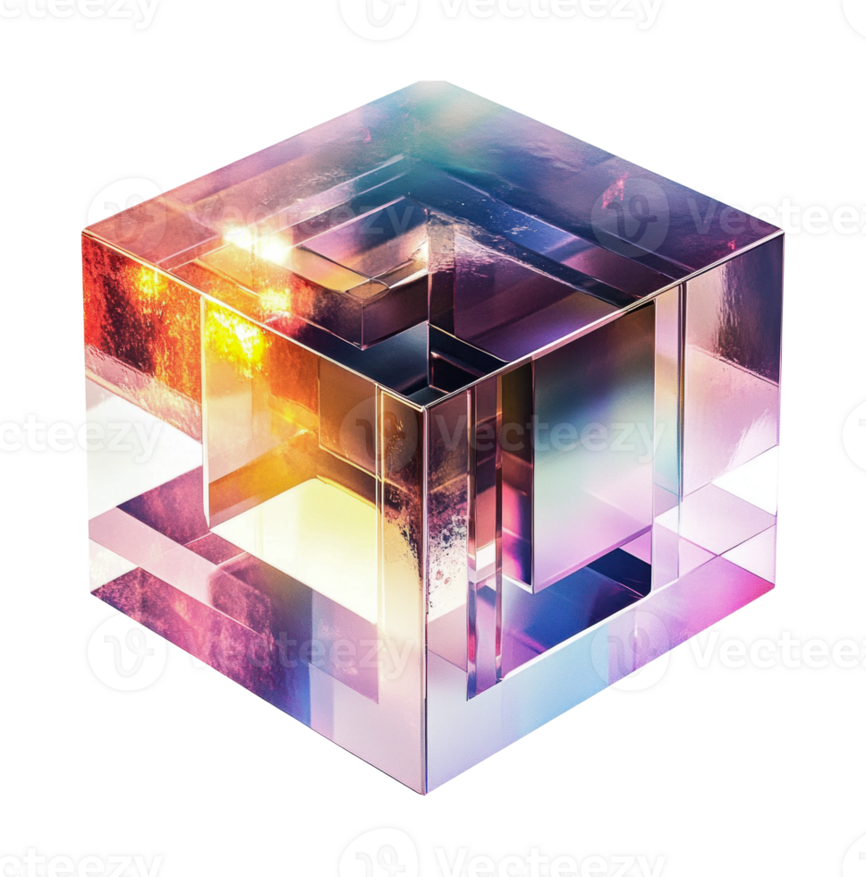 Colorful transparent cube with reflective geometric patterns and light effects, cut out png