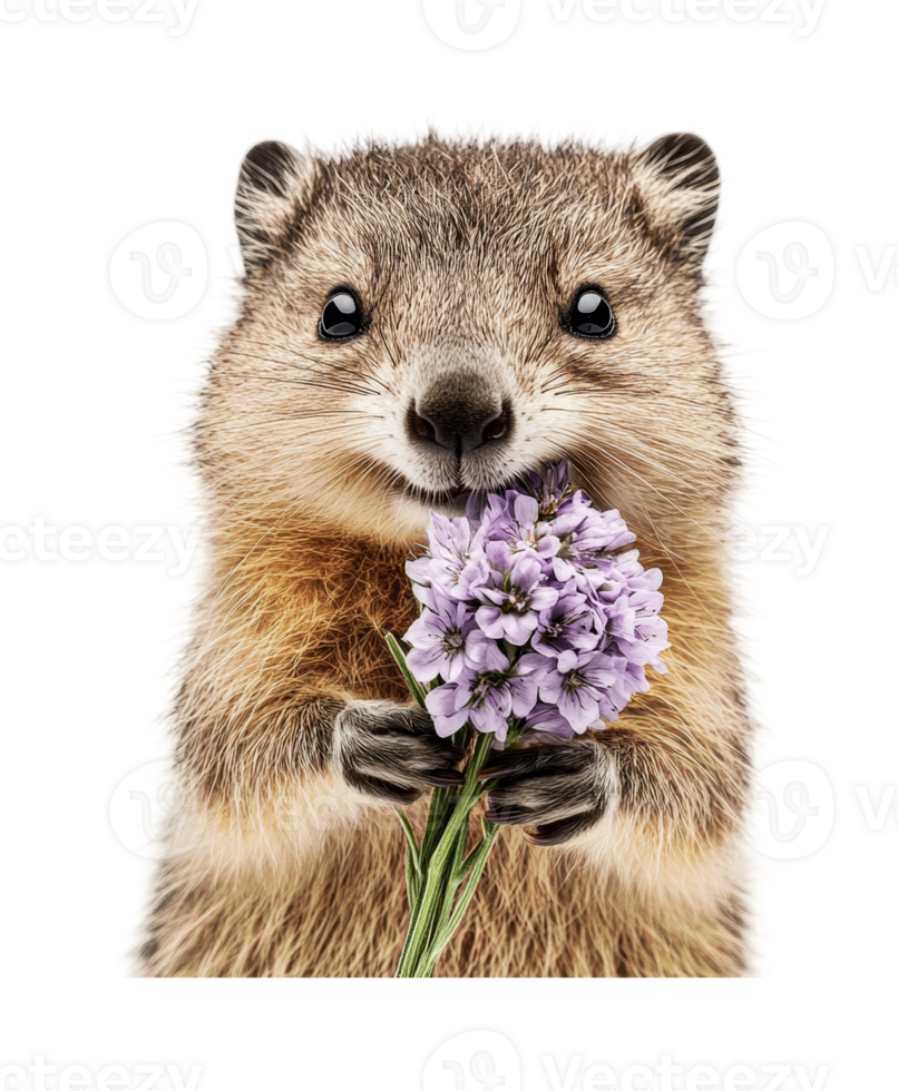 Adorable quokka holding purple flowers close-up with cheerful expression, cut out png