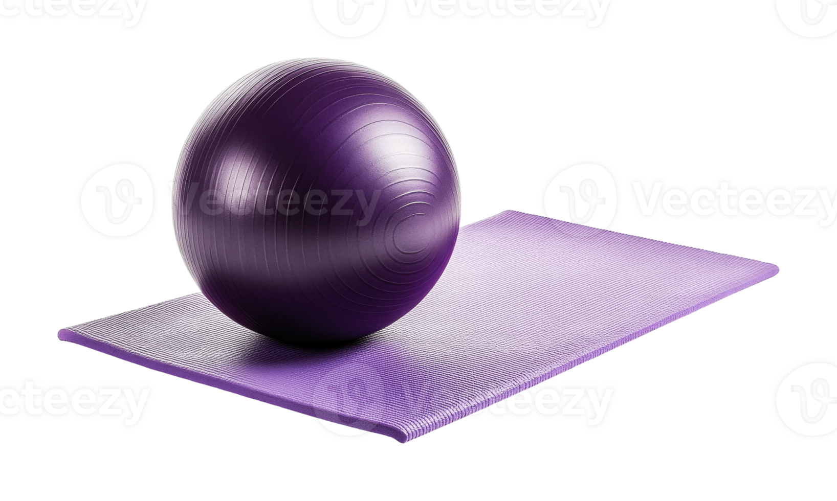 Purple exercise ball on yoga mat for fitness and balance training, cut out png