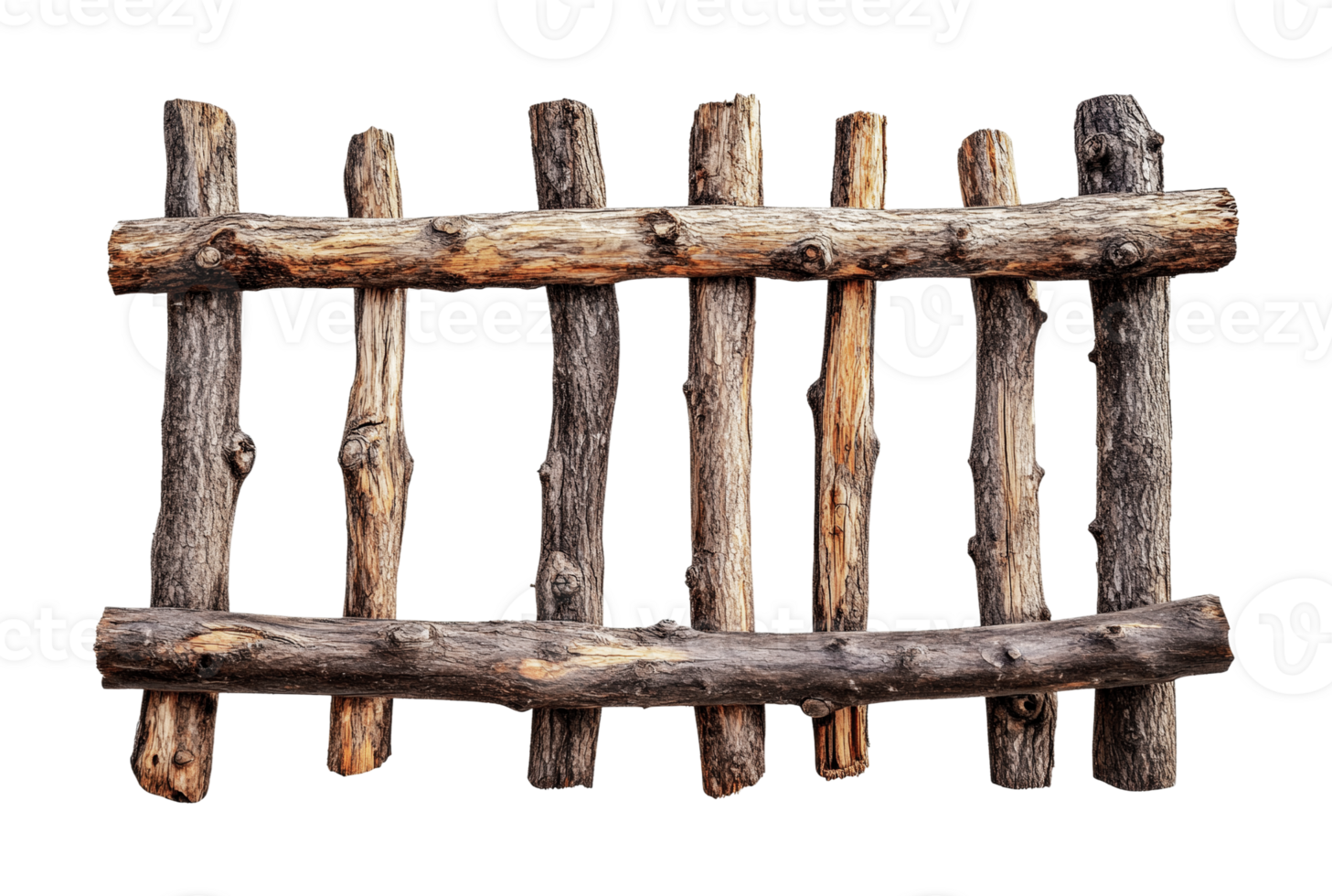 Rustic wooden fence made from uneven natural logs isolated on black, cut out png