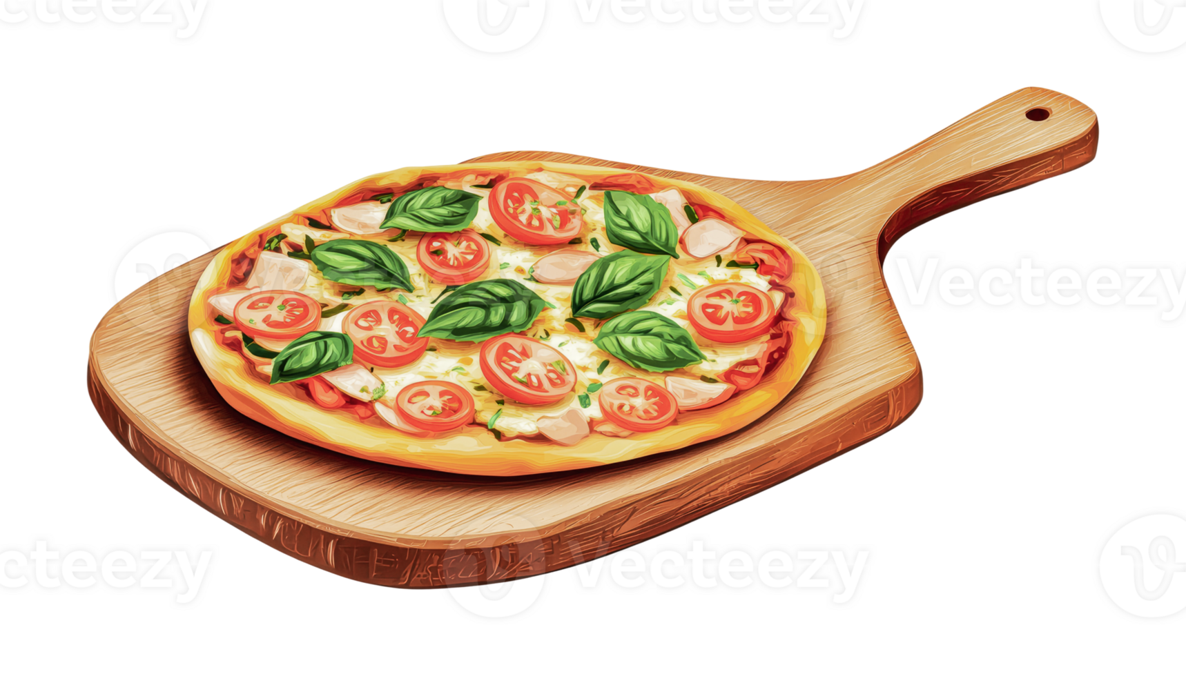 Delicious vegetarian pizza with fresh basil and cherry tomatoes on wooden paddle, cut out png