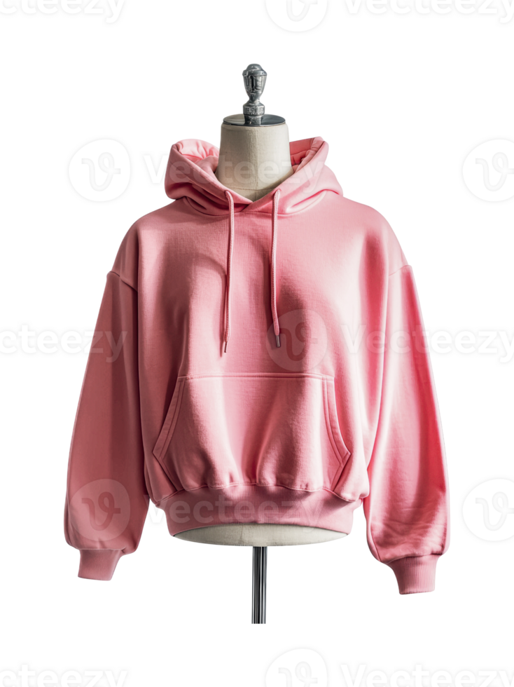 Pink hoodie on mannequin with drawstrings and pocket display, cut out png
