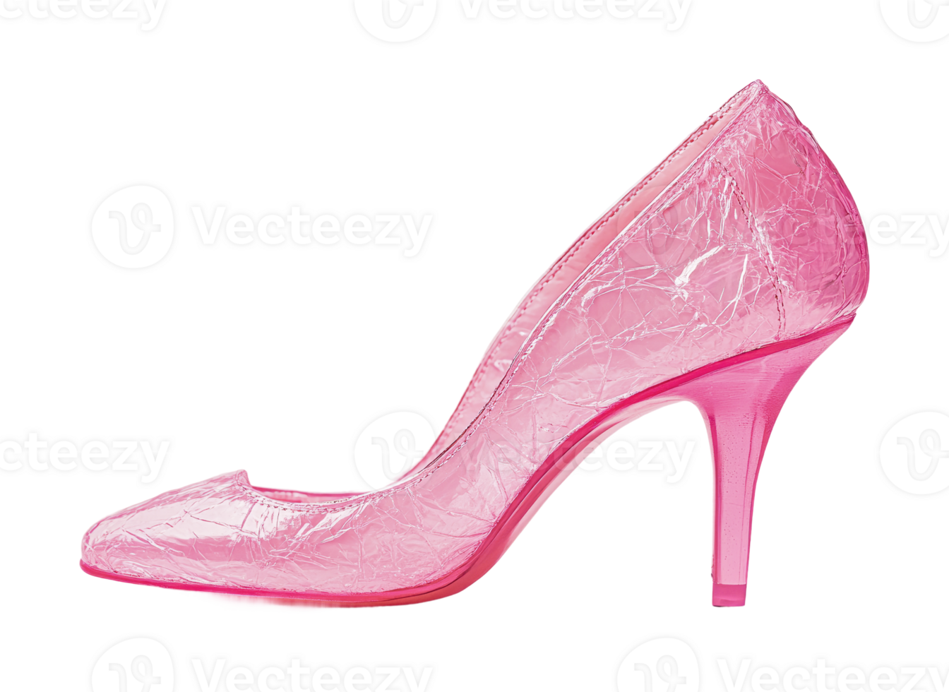 Shiny pink high heel shoe with transparent design and stiletto style, cut out png